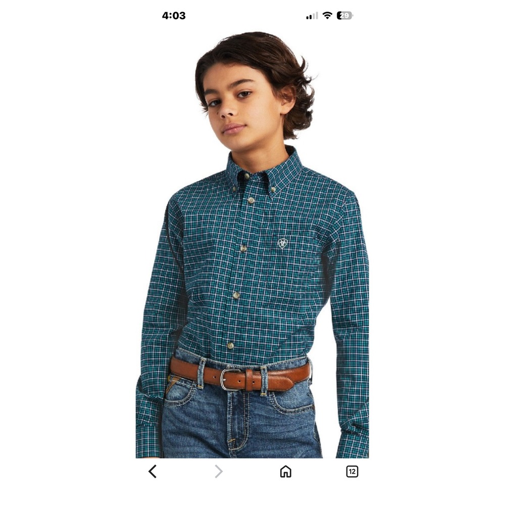 Ariat Pro Series Boys Large 14-16 Green Plaid Stretch Western Button Down Shirt